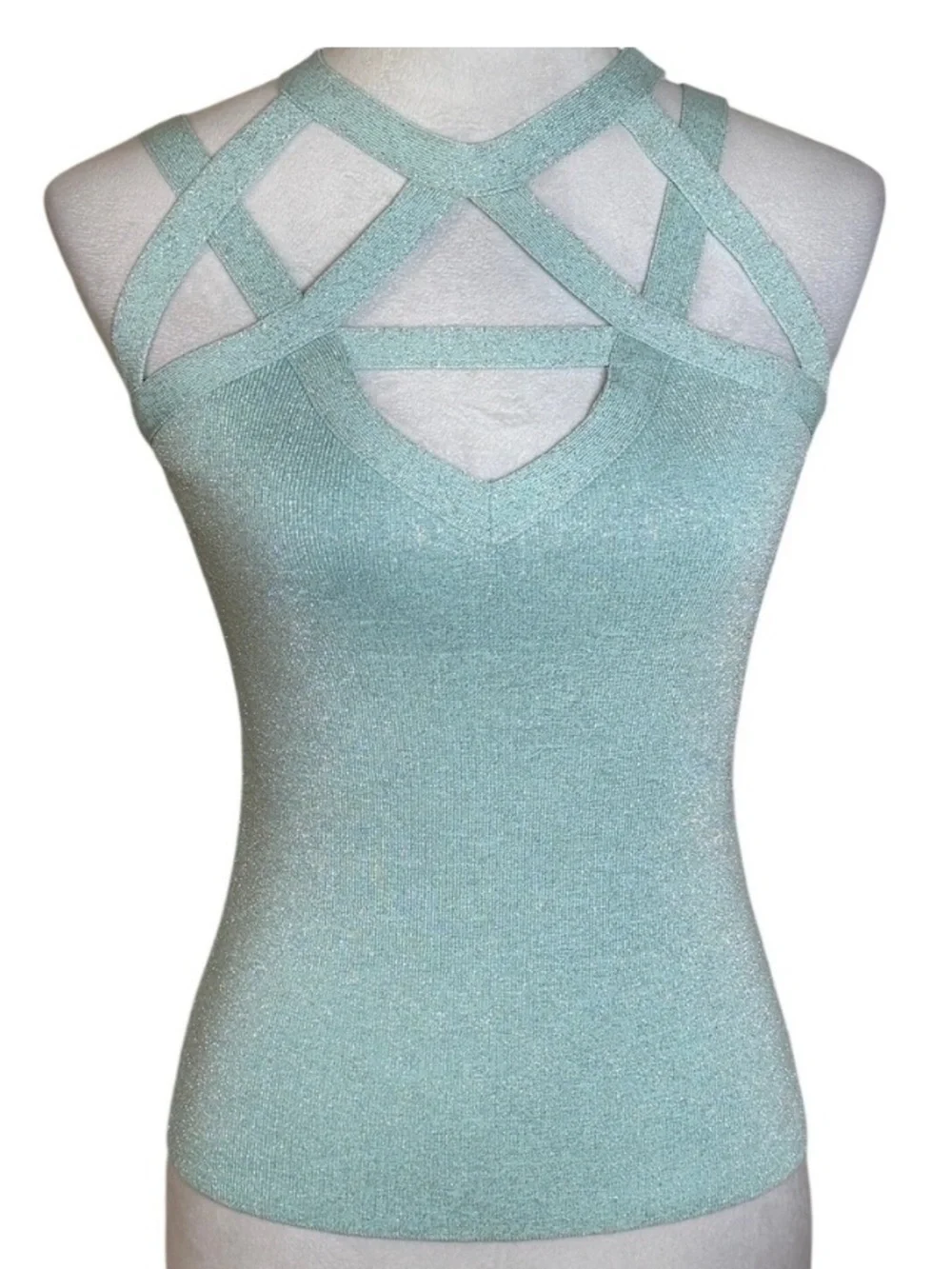 Mint Green Metallic Bandage Top XS Tank Stretch Shimmer Y2K - Picture 1 of 10